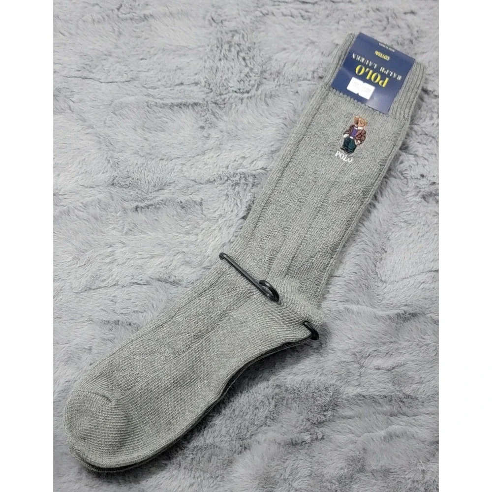 Polo Ralph Lauren Socks Mens 10-13 Gray Cotton Dress Polo Bear Crew Mid Calf